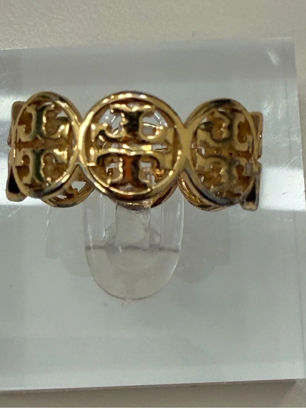 Tory Burch Gold Tone Logo Openwork Band Ring, Size 8